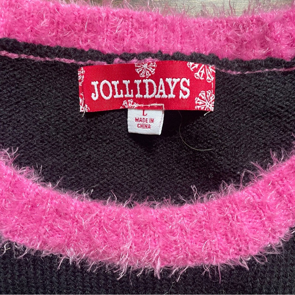 JOLLIDAYS Holiday Cat Graphic Sweater with Pink Trim Size Large - Picture 8 of 11